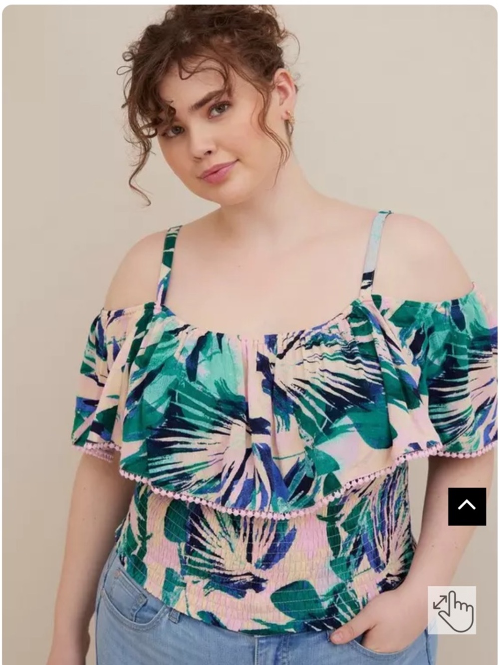 Torrid Tropical Leaf Print Cold Shoulder Ruffle Top M/L